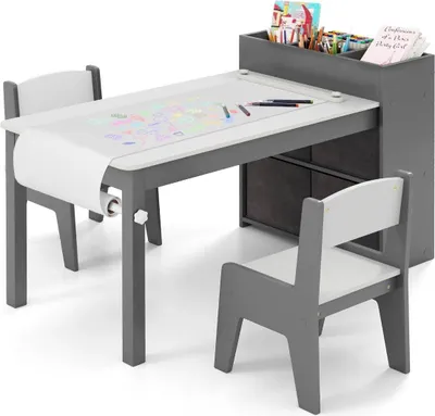 Produktbild von Kunsttisch- und Stuhlset für Kinder Zeichentisch mit 2 Stühlen Papierrolle und Papierrollenhalter Grau