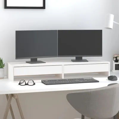 Imagen del producto de Soporte para monitor de madera maciza de pino con 2 cajones y espacio de almacenamiento