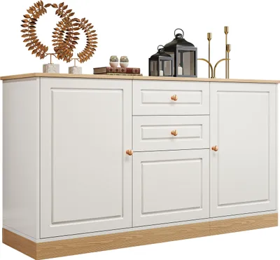 Immagine prodotto di Credenza, tre ante, doppio cassetto, adatta per soggiorno e sala da pranzo, mobile contenitore multifunzionale.