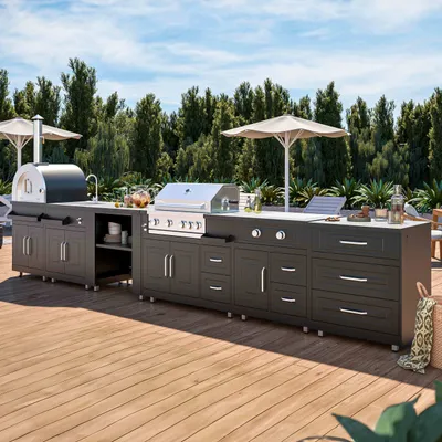 Image de Cuisine d'extérieur 6 meubles avec module cuisson  - Oviala Memphis
