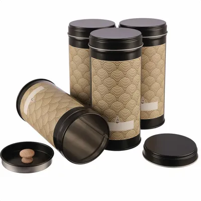 Produktbild von Dosenritter | 4 x schmale Teedose / Vorratsdose mit Aromaschutzdeckel für je 100g Tee, STAPELBAR inkl. 4 Art déco Klebeetiketten | 14 x 6,6cm (H,ø)