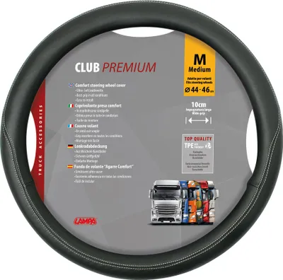 A steering wheel cover is displayed with product information and images of trucks.