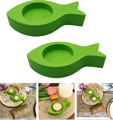 Produktbild von Oblique Unique Fisch Teelichthalter 2er Set Kerzenhalter Fische aus Holz - Tisch Deko für Taufe Kommunion Konfirmation grün