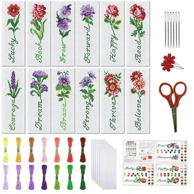 Obrázok produktu pre Sada 12 záložiek do kníh s kvetinovým vzorom, pripravených na vyšívanie krížikmi, vhodné pre začiatočníkov, rozmer 20x6 cm
