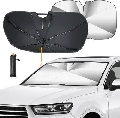 Productafbeelding van Famanu automatische zonnescherm: 360° draaibaar, titanium zilver, met UV-bescherming, geschikt voor de meeste voertuigen