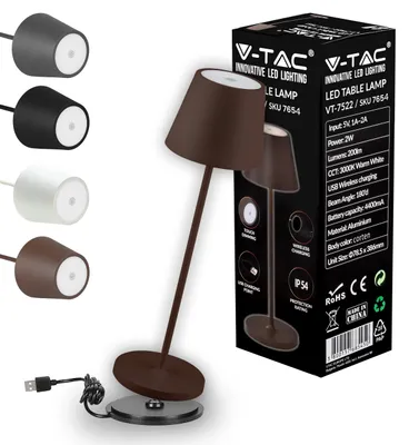 Imagen del producto de Lámpara de mesa LED regulable de V-TAC, inalámbrica, con control táctil, recargable, de color marrón. Ideal para interiores y exteriores (zona exterior IP54), para hogares y restaurantes. Batería de 4400 mAh. Luz blanca cálida de 3000K