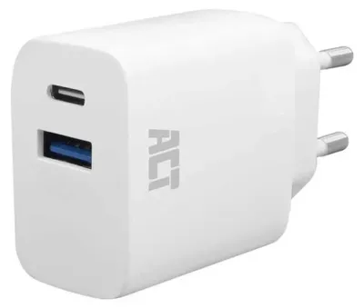 Produktbild von ACT USB-C & USB-A Ladegerät 20W mit Power Delivery PPS, Quick Charge, GaNFast, Auto, AC, 12 V, 1,67 A, Weiß
