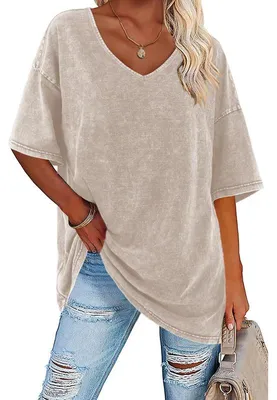Produktbild von Oversize-T-Shirt für Damen, lockere Passform, reine Baumwolle, V-Ausschnitt, Boyfriend-Stil