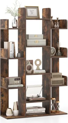 A vintage-style bookshelf filled with decorative items and books.