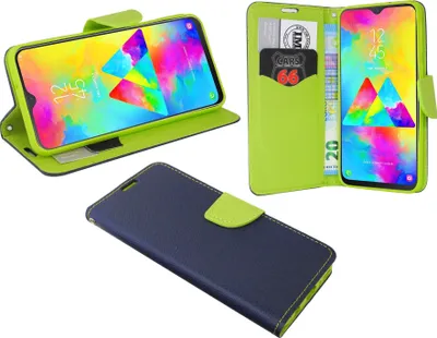 Produktbild von cofi1453® Buch Tasche "Fancy" kompatibel mit SAMSUNG GALAXY M20 (M205FD) Handy Hülle Etui Brieftasche Schutzhülle mit Standfunktion, Kartenfach Blau-Grün