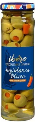 Produktbild von Ibero Grüne Hojiblanca Oliven mit Paprikapaste 85 G Glas  Vegan Glutenfrei  Fein und pikant