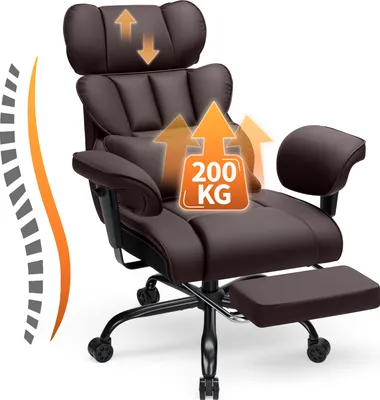 Zdjęcie produktu dla HOFFREE Ergonomiczne skórzane krzesło biurowe, wysokie krzesło obrotowe XXL z podnóżkiem, regulowanym zagłówkiem i podłokietnikami, nośność do 200 kg, brązowe