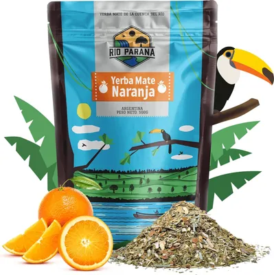 Produktbild von Rio Parana - Mate Tee Naranja 500g - Mit Orangenschale, Zitronengras - Luftgetrocknet - Wenig Staub - Yerba Argentinien - Mindestens 1 Jahr Gereift