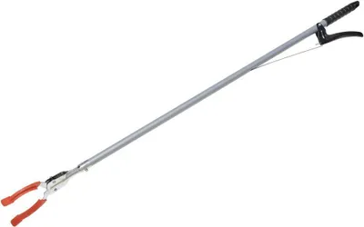 A long grabber tool with orange jaws and a black handle is shown against a white background.