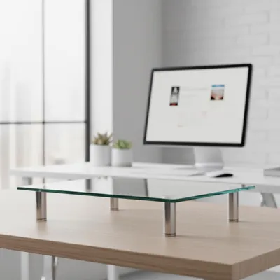 A glass monitor stand with silver legs is placed on a wooden desk in front of a computer monitor.