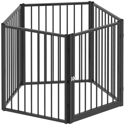 Zdjęcie produktu dla Odpoczynek dla szczeniąt z drzwiczkami, składane ogrodzenie dla psów, metalowa bariera, czarny kolor | 180 x 60 x 76 cm | 5 paneli | dla małych i średnich psów