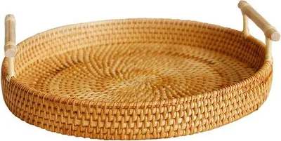 Produktbild von Famanu Servierplatte Handgewebt - Rundes Rotan mit Griffen - Für Brot, Obst, Snacks (L)