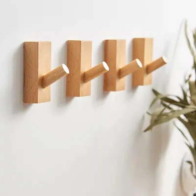 Wandhaken aus Holz, Vintage, 4er Set, selbstklebend, rechteckig