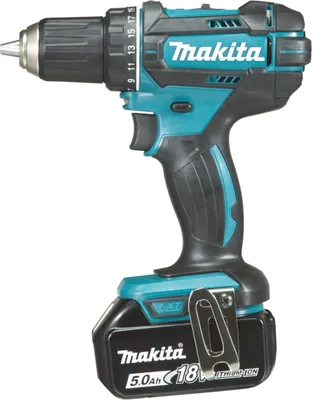 A cordless drill with a battery pack attached, shown against a white background.