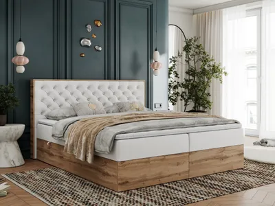 Produktbild von Boxspringbett, Deko, Doppelbett, Polsterbett mit Bettkästen und Multipocket-Matratze, Eiche Wotan holzrahmen - Albero-3 - 200x200cm - Weiß Kunstleder - H3