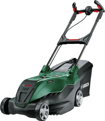 A cordless lawnmower is shown against a white background.