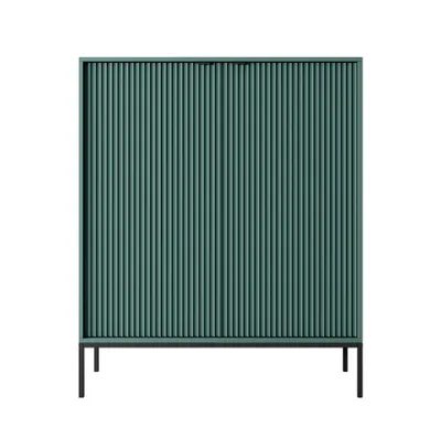 A teal highboard cabinet with black legs and handles, presented on a white background.