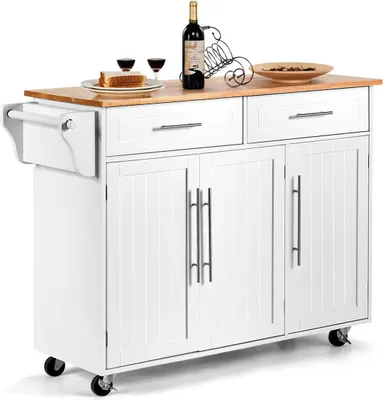 Produktbild von Küchenwagen mit Schublade und Tür, Servierwagen Küchentrolley aus Massivholz, Rollwagen Küchenschrank Küchenregal auf Rollen, Weiß