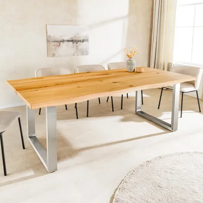 Produktbild von riess-ambiente Esstisch WILD OAK 200cm natur massiv – Wildeiche, Baumkante, silber Edelstahl U-Gestell