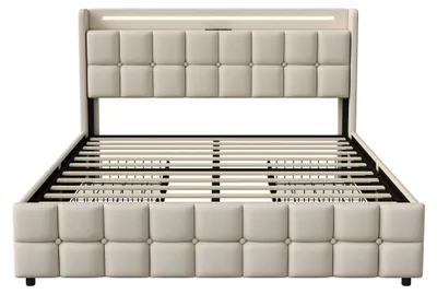 Obrázok produktu pre Postel 180x200 cm - Čalúnená dvojlôžková posteľ - 4 zásuvky s úložným priestorom - Rám postele z ľanovej látky s roštom - Moderná posteľ s úložným priestorom - Béžová