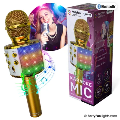 Produktbild von PartyFunLights Bluetooth Karaoke-Mikrofon mit Beleuchtung und Lautsprecher in Gold