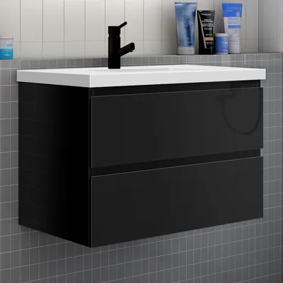 Produktbild von Badmöbel Set HUTI-Serie 80cm Mineralguss Waschbecken mit Unterschrank Badezimmermöbel mit 2 Schubladen Hochglanz Schwarz Hängeschrank