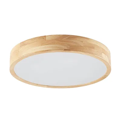 A round ceiling light with a wooden frame and a white diffuser.