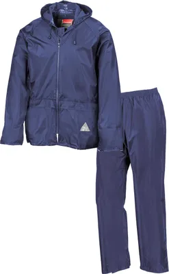 A navy blue rain jacket and matching trousers are laid out on a white background.