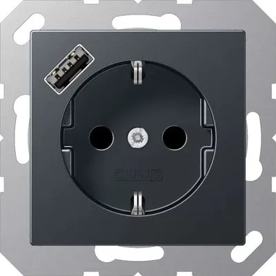 Produktbild von Jung SCHUKO Steckdose 16 A 250 V , mit USB-Ladegerät 1 x Typ A, integrierter erhöhter Berührungsschutz, Serie A, anthrazit matt A1520-18AANM