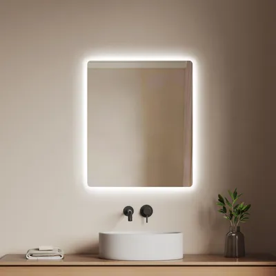 Productafbeelding van EMKE badspiegel met LED-verlichting, wandspiegel met touchbediening en anti-condensfunctie, 50x60 cm. Badkamerspiegel met 2 lichtkleuren