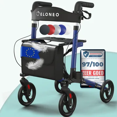 Productafbeelding van ELONEO inklapbare en lichte rollator met zitplaats, lichtgewicht reiskofferrolator van aluminium, loophulp met 8-voudige hoogteverstelling, inklapbaar in 3 standen