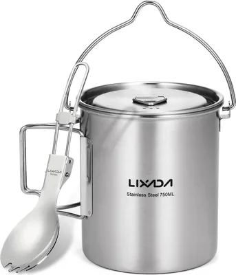 Produktbild von 750 ml Edelstahl-Topf, tragbarer Wasserbecher mit Deckel und klappbarem Griff, für Outdoor-Camping, Kochen und Picknick