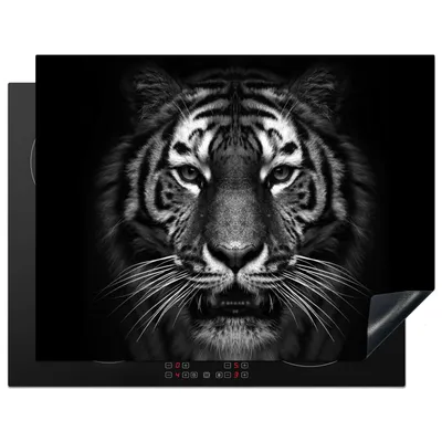 Produktbild von KitchenYeah© Herdabdeckplatte Tiger - Tiere - Schwarz - Weiß - Porträt - Wild , 77x59cm, Küche Deko, Glaskeramikkochfeld Herdabdeckung, Abdeckplatte fùr Kochfeld