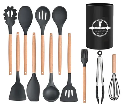 Produktbild von Küchenhelfer-Set, 12-teiliges Set mit Silikon-Küchenutensilien und Holzgriffen