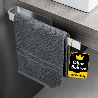 Produktbild von Bürstenking Handtuchhalter ohne Bohren – 39 cm – selbstklebender Handtuchhalter – einarmige Halterung für Badetuch, Handtuch– gebürstetes Aluminium