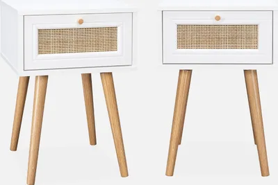 Produktbild von sweeek - 2er-Set Nachttische mit Holzlook und Rattan-Geflecht - Blanc cassé
