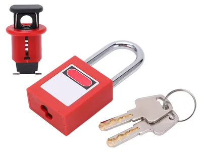 Immagine prodotto di Dispositivo di blocco per interruttori automatici miniaturizzati, sistema di sicurezza per l'alimentazione elettrica nell'industria (MPCO + lucchetto da 38 mm)