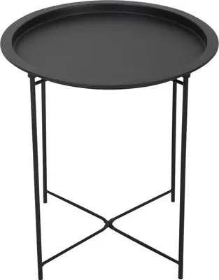 A black metal side table with a round tray top and an X-shaped base.