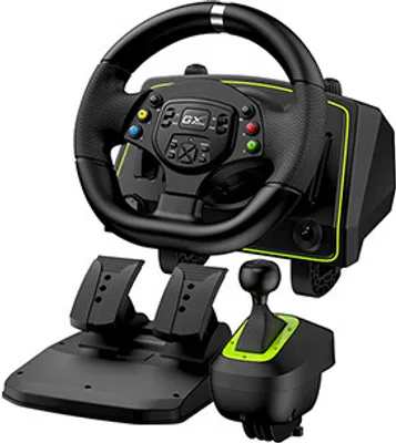 A gaming steering wheel, pedals, and gear shifter set.