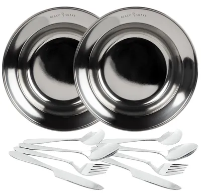 Produktbild von Camping Set mit tiefen Edelstahltellern & Lunch-Besteck für 2 Personen