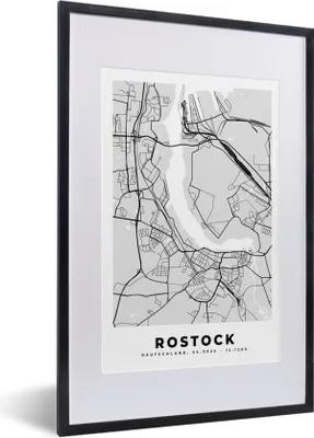 Produktbild von MuchoWow® Gerahmtes Poster Rostock - Karte - Stadtplan - Deutschland 40x60 cm - Poster mit Schwarzem Bilderrahmen Wandposter Rahmen Foto Bilder - Poster in Rahmen