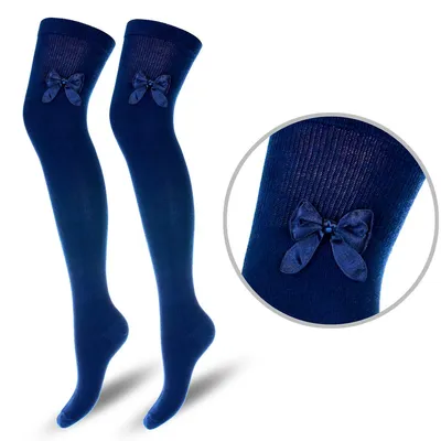 Zdjęcie produktu dla Pończochy bawełniane Milena z kokardką, granatowe, eleganckie, zakrywające kolana, rozmiar 37-41