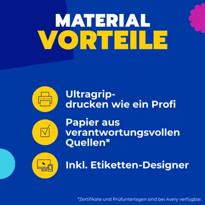 Produktbild von Avery Zweckform 3478-200, Universal-Etiketten, A4, Qualitätsdruck mit: ultragrip, 210 x 297 mm, 220 Etiketten / 220 Bögen, weiß