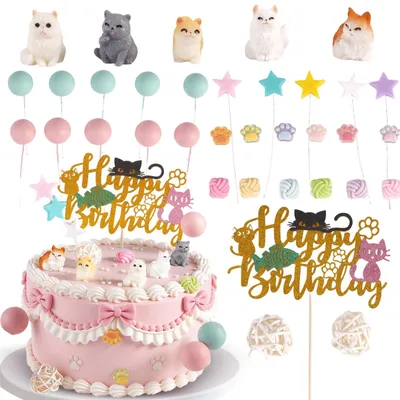 34-teiliges Katzen-Tortendeko-Set für Geburtstag