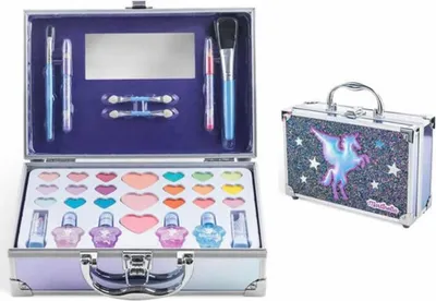 A makeup case and its contents are displayed, along with a closed makeup case.